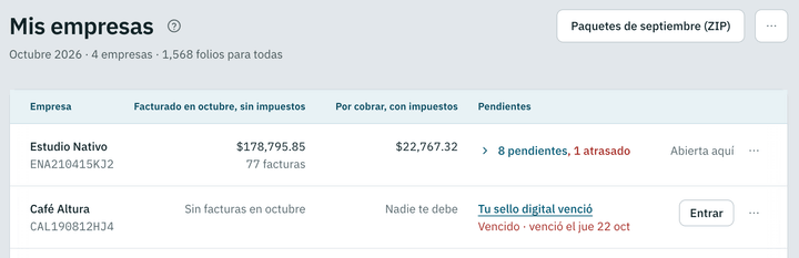Mis empresas, octubre 2026: «4 empresas · 1,568 folios para todas». Estudio Nativo con $178,795.85 facturados y 8 pendientes, y Café Altura con el aviso «Tu sello digital venció».