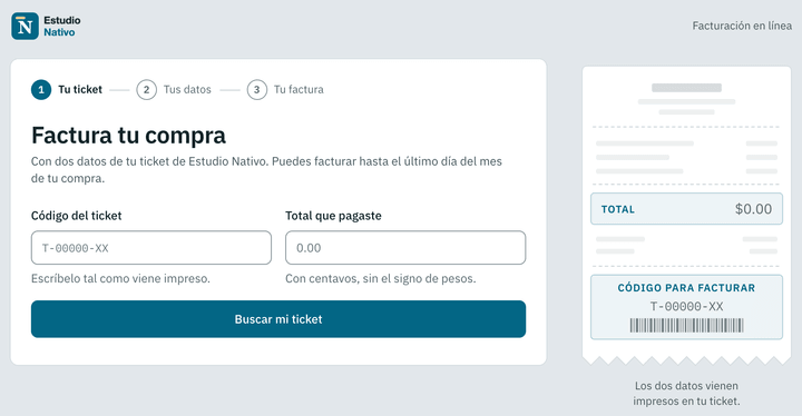 El portal de autofacturación de Estudio Nativo: «Factura tu compra» con el código del ticket y el total que pagaste, y al lado un dibujo del ticket que señala dónde vienen impresos los dos datos.